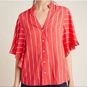 Maeve by Anthropologie Aveiro red and white printed flutter sleeve blouse